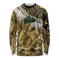Yellow Traditional Cloak Aotearoa Long Sleeve Shirt Maori Paua Shell Korowai Pattern