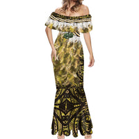 Yellow Traditional Cloak Aotearoa Mermaid Dress Maori Paua Shell Korowai Pattern