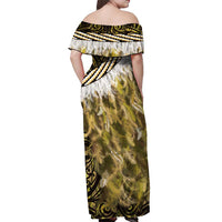 Yellow Traditional Cloak Aotearoa Off Shoulder Maxi Dress Maori Paua Shell Korowai Pattern