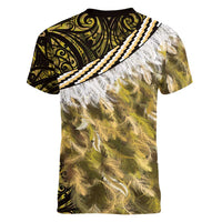 Yellow Traditional Cloak Aotearoa Women V-Neck T-Shirt Maori Paua Shell Korowai Pattern LT14 - Polynesian Pride