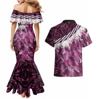 Pink Traditional Cloak Aotearoa Couples Matching Mermaid Dress and Hawaiian Shirt Maori Paua Shell Korowai Pattern