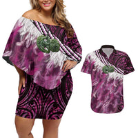 Pink Traditional Cloak Aotearoa Couples Matching Off Shoulder Short Dress and Hawaiian Shirt Maori Paua Shell Korowai Pattern