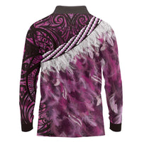 Pink Traditional Cloak Aotearoa Long Sleeve Polo Shirt Maori Paua Shell Korowai Pattern
