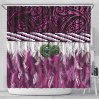 Pink Traditional Cloak Aotearoa Shower Curtain Maori Paua Shell Korowai Pattern