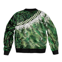 Green Traditional Cloak Aotearoa Bomber Jacket Maori Paua Shell Korowai Pattern