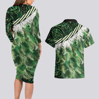 Green Traditional Cloak Aotearoa Couples Matching Long Sleeve Bodycon Dress and Hawaiian Shirt Maori Paua Shell Korowai Pattern