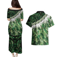 Green Traditional Cloak Aotearoa Couples Matching Puletasi and Hawaiian Shirt Maori Paua Shell Korowai Pattern