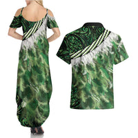 Green Traditional Cloak Aotearoa Couples Matching Summer Maxi Dress and Hawaiian Shirt Maori Paua Shell Korowai Pattern