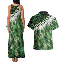 Green Traditional Cloak Aotearoa Couples Matching Tank Maxi Dress and Hawaiian Shirt Maori Paua Shell Korowai Pattern