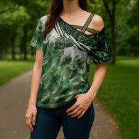 Green Traditional Cloak Aotearoa Cross Shoulder Shirt Maori Paua Shell Korowai Pattern - Polynesian Pride