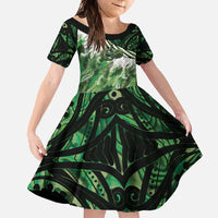 Green Traditional Cloak Aotearoa Family Matching Off Shoulder Maxi Dress and Hawaiian Shirt Maori Paua Shell Korowai Pattern