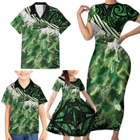Green Traditional Cloak Aotearoa Family Matching Short Sleeve Bodycon Dress and Hawaiian Shirt Maori Paua Shell Korowai Pattern