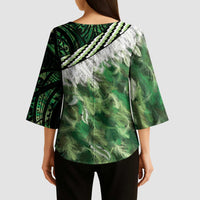 Green Traditional Cloak Aotearoa Kimono Sleeve Blouse Maori Paua Shell Korowai Pattern - Polynesian Pride