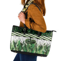 Green Traditional Cloak Aotearoa Leather Tote Bag Maori Paua Shell Korowai Pattern