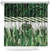 Green Traditional Cloak Aotearoa Shower Curtain Maori Paua Shell Korowai Pattern