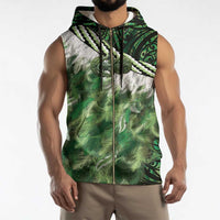 Green Traditional Cloak Aotearoa Sleeveless Zip Hoodie Maori Paua Shell Korowai Pattern - Polynesian Pride