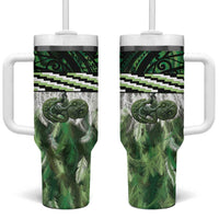 Green Traditional Cloak Aotearoa Tumbler With Handle Maori Paua Shell Korowai Pattern