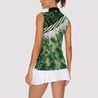 Green Traditional Cloak Aotearoa Women Sleeveless Polo Shirt Maori Paua Shell Korowai Pattern