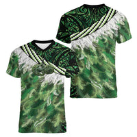 Green Traditional Cloak Aotearoa Women V-Neck T-Shirt Maori Paua Shell Korowai Pattern LT14 - Polynesian Pride