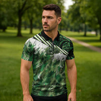 Green Traditional Cloak Aotearoa Zipper Polo Shirt Maori Paua Shell Korowai Pattern - Polynesian Pride