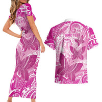 Personalised Polynesia Breast Cancer Awareness Couples Matching Short Sleeve Bodycon Dress and Hawaiian Shirt Think Pink Ribbon Polynesian Butterflies