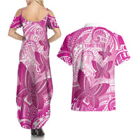 Personalised Polynesia Breast Cancer Awareness Couples Matching Summer Maxi Dress and Hawaiian Shirt Think Pink Ribbon Polynesian Butterflies