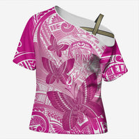 Personalised Polynesia Breast Cancer Awareness Cross Shoulder Shirt Think Pink Ribbon Polynesian Butterflies