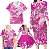 Personalised Polynesia Breast Cancer Awareness Family Matching Long Sleeve Bodycon Dress and Hawaiian Shirt Think Pink Ribbon Polynesian Butterflies