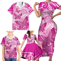 Personalised Polynesia Breast Cancer Awareness Family Matching Short Sleeve Bodycon Dress and Hawaiian Shirt Think Pink Ribbon Polynesian Butterflies LT14 - Polynesian Pride