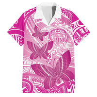 Personalised Polynesia Breast Cancer Awareness Family Matching Short Sleeve Bodycon Dress and Hawaiian Shirt Think Pink Ribbon Polynesian Butterflies LT14 Dad's Shirt - Short Sleeve Pink - Polynesian Pride