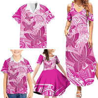 Personalised Polynesia Breast Cancer Awareness Family Matching Summer Maxi Dress and Hawaiian Shirt Think Pink Ribbon Polynesian Butterflies