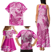 Personalised Polynesia Breast Cancer Awareness Family Matching Tank Maxi Dress and Hawaiian Shirt Think Pink Ribbon Polynesian Butterflies