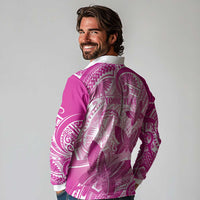 Personalised Polynesia Breast Cancer Awareness Long Sleeve Polo Shirt Think Pink Ribbon Polynesian Butterflies LT14 - Polynesian Pride