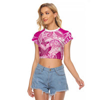Personalised Polynesia Breast Cancer Awareness Raglan Cropped T Shirt Think Pink Ribbon Polynesian Butterflies LT14 Female Pink - Polynesian Pride