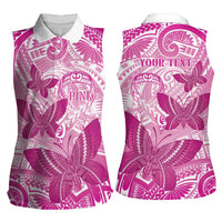 Personalised Polynesia Breast Cancer Awareness Women Sleeveless Polo Shirt Think Pink Ribbon Polynesian Butterflies