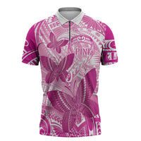 Personalised Polynesia Breast Cancer Awareness Zipper Polo Shirt Think Pink Ribbon Polynesian Butterflies LT14 Pink - Polynesian Pride