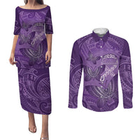 Personalised Polynesia Lupus Awareness Month Couples Matching Puletasi and Long Sleeve Button Shirt Warrior Purple Ribbon Polynesian Butterflies