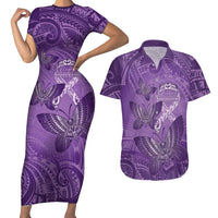 Personalised Polynesia Lupus Awareness Month Couples Matching Short Sleeve Bodycon Dress and Hawaiian Shirt Warrior Purple Ribbon Polynesian Butterflies