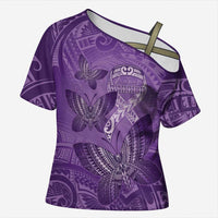 Personalised Polynesia Lupus Awareness Month Cross Shoulder Shirt Warrior Purple Ribbon Polynesian Butterflies LT14 Female Purple - Polynesian Pride