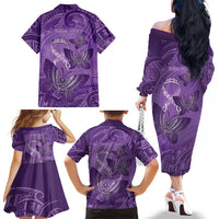 Personalised Polynesia Lupus Awareness Month Family Matching Off The Shoulder Long Sleeve Dress and Hawaiian Shirt Warrior Purple Ribbon Polynesian Butterflies