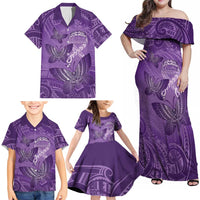 Personalised Polynesia Lupus Awareness Month Family Matching Off Shoulder Maxi Dress and Hawaiian Shirt Warrior Purple Ribbon Polynesian Butterflies