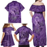Personalised Polynesia Lupus Awareness Month Family Matching Off Shoulder Maxi Dress and Hawaiian Shirt Warrior Purple Ribbon Polynesian Butterflies