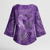 Personalised Polynesia Lupus Awareness Month Kimono Sleeve Blouse Warrior Purple Ribbon Polynesian Butterflies LT14 - Polynesian Pride