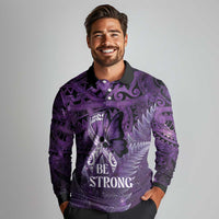 Lupus Awareness Month New Zealand Long Sleeve Polo Shirt Be Strong Warrior Maori Silver Fern
