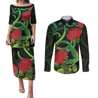 New Zealand Gecko Couples Matching Puletasi and Long Sleeve Button Shirt Aotearoa Maori With Pohutukawa Flowers LT14 Black - Polynesian Pride