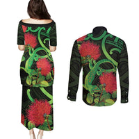 New Zealand Gecko Couples Matching Puletasi and Long Sleeve Button Shirt Aotearoa Maori With Pohutukawa Flowers LT14 - Polynesian Pride