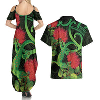 New Zealand Gecko Couples Matching Summer Maxi Dress and Hawaiian Shirt Aotearoa Maori With Pohutukawa Flowers
