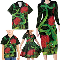 New Zealand Gecko Family Matching Long Sleeve Bodycon Dress and Hawaiian Shirt Aotearoa Maori With Pohutukawa Flowers LT14 - Polynesian Pride