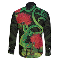 New Zealand Gecko Family Matching Long Sleeve Bodycon Dress and Hawaiian Shirt Aotearoa Maori With Pohutukawa Flowers LT14 - Polynesian Pride