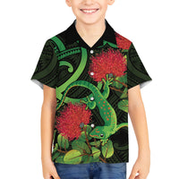 New Zealand Gecko Family Matching Off Shoulder Maxi Dress and Hawaiian Shirt Aotearoa Maori With Pohutukawa Flowers